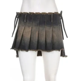 American Street High Waist Lace-Up Vintage Denim Skirt Irregular One Piece Pleated Skirt Sexy Miniskirt -Women Fashion Shop fbcba7f51604cb01