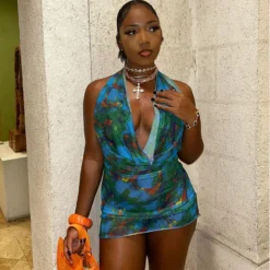 Women Printed Sexy Halter Neck Sleeveless Bodycon Dress -Women Fashion Shop fbd750c10f623d5c