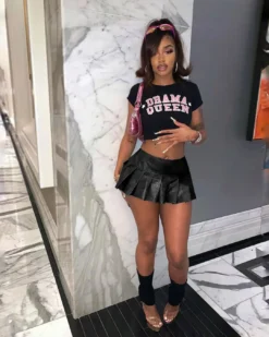 Women's Solid Color Pu Leather Mini Pleated Skirt -Women Fashion Shop fbe915d5898ec504