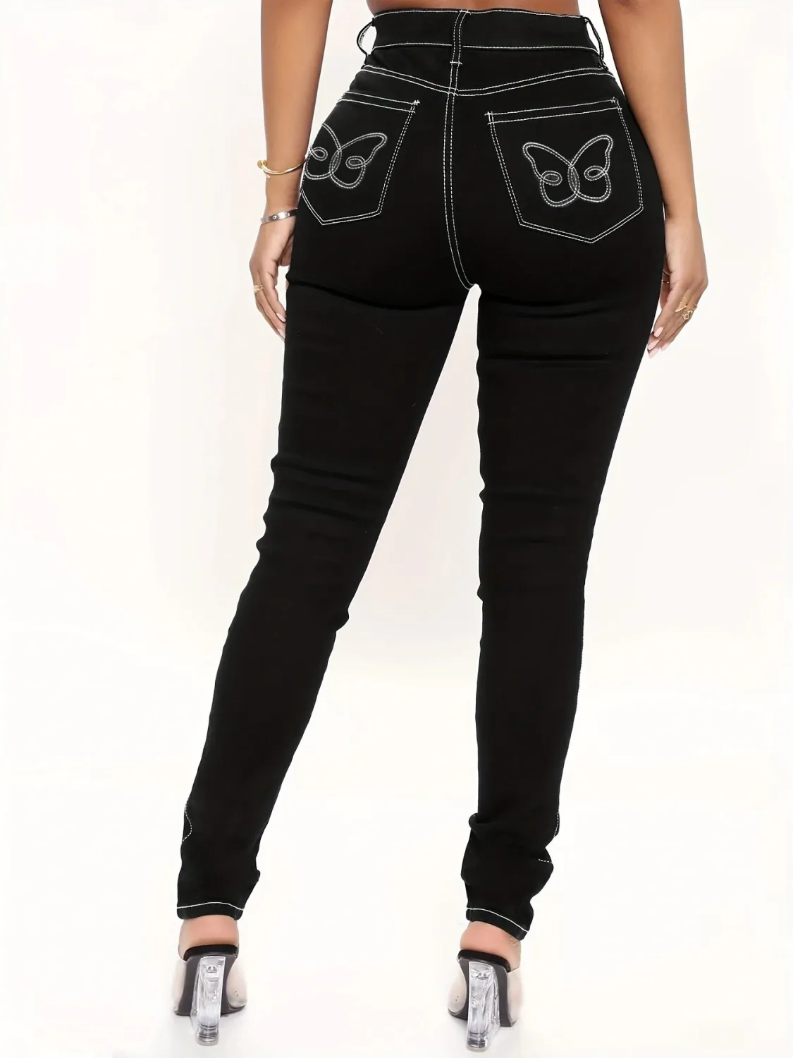Style Streetwear Back Pocket Butterfly Embroidered Stretch Denim Pants 6 Style Streetwear Back Pocket Butterfly Embroidered Stretch Denim Pants - Image 4