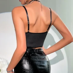 Women See-Through Mesh Patchwork Metal Chain Fishbone Crop Top -Women Fashion Shop fd6592808387a91a