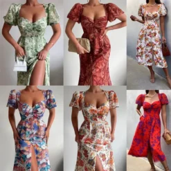 Women's Chic Career Floral Square Neck Sexy Slit Dress -Women Fashion Shop fda8d1c727de67f0