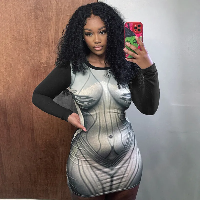 Women's Autumn Fashion Casual Print Long Sleeve Slim Round Neck Short Dress 4 Women's Autumn Fashion Casual Print Long Sleeve Slim Round Neck Short Dress - Image 2