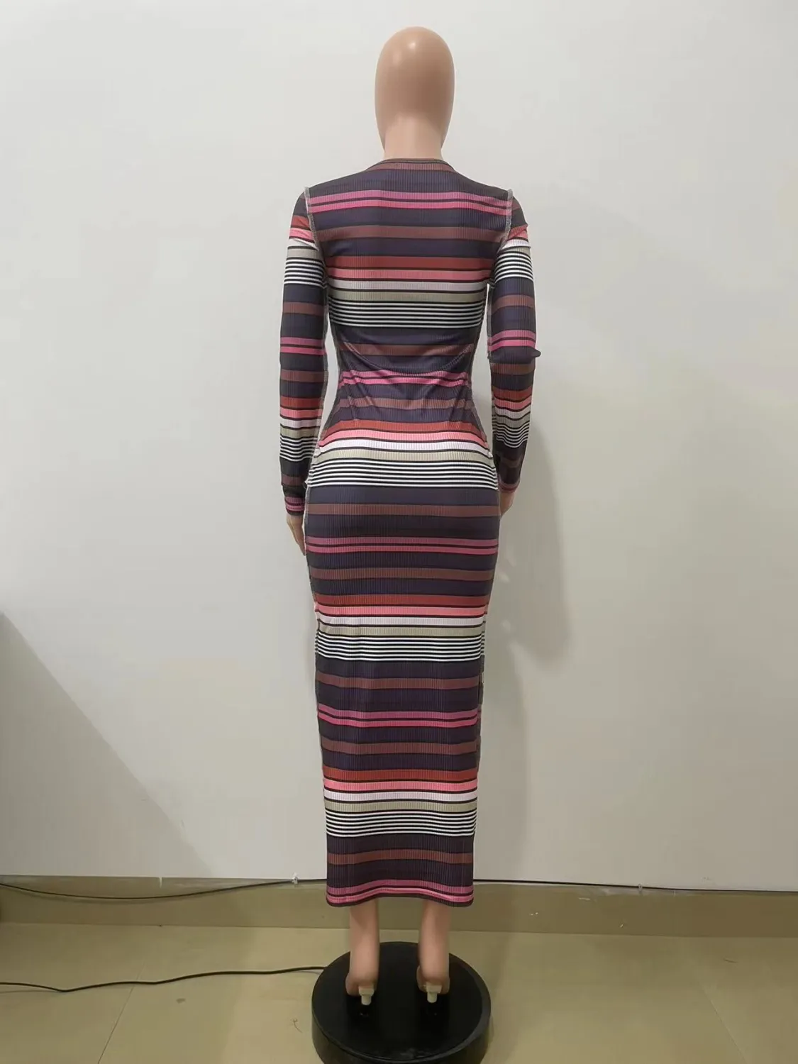 Women Ribbed Printed Stripe Round Neck Long Sleeve Dress 13 Women Ribbed Printed Stripe Round Neck Long Sleeve Dress - Image 11