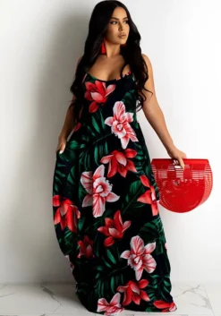 Summer Ladies Floral Print Loose Strap Dress Maxi Dress -Women Fashion Shop ff77cb2d7e0e7571